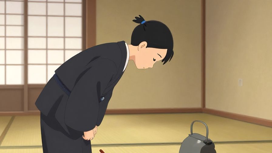 Illustration%20of%20a polite person bowing slightly with calm expression in a traditional Japanese room with soft lighting