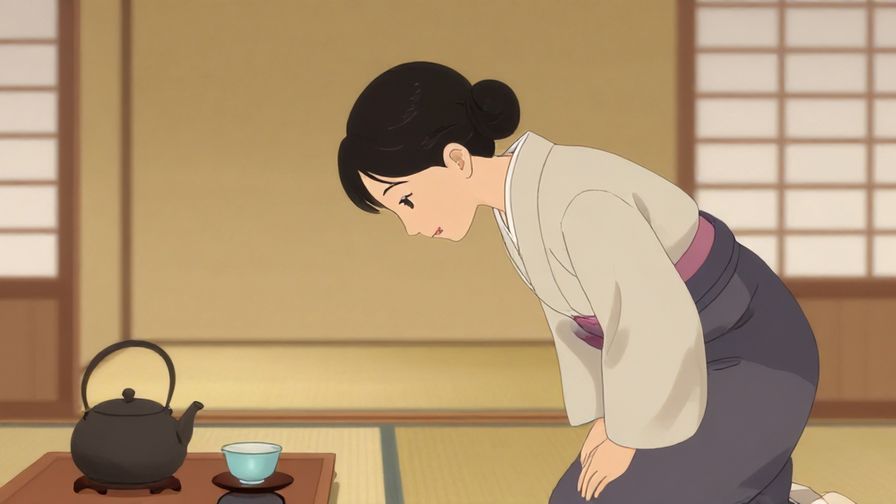 Illustration%20of%20a polite person bowing slightly while smiling gently, soft background of a traditional Japanese tea house, warm lighting, illustrated style