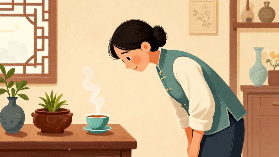 Illustration%20of%20a polite person bowing slightly with a gentle smile in a traditional tea room, vibrant colors, illustrated style