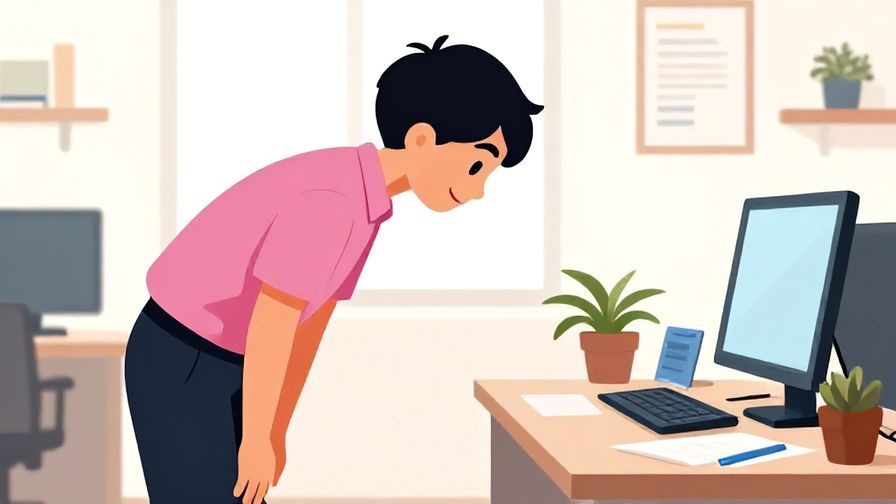 Illustration%20of%20a polite person bowing slightly and smiling in a tidy office environment, vibrant colors, illustrated style