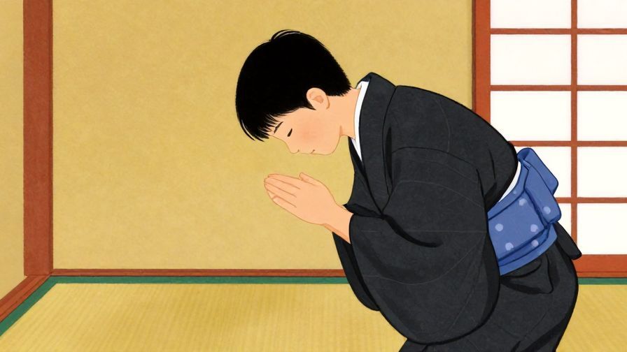 Illustration%20of%20a polite person bowing slightly with hands together in greeting, traditional Japanese room background, vibrant colors, illustrated style