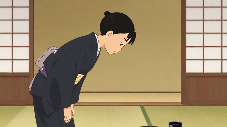 Illustration%20of%20a polite person bowing slightly with a calm expression in a traditional Japanese room, soft lighting, elegant colors, illustrated style