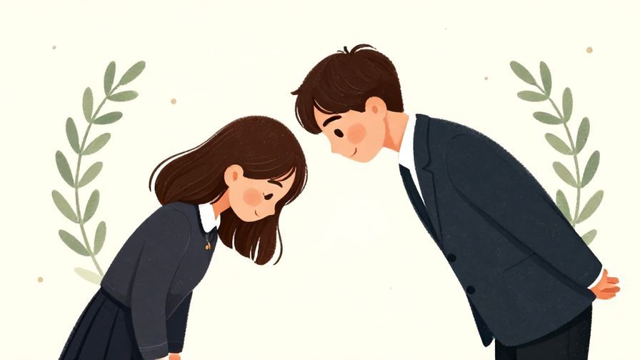 Illustration%20of%20a polite person bowing slightly and smiling gently in a formal setting with olive branches and soft dots in the background, illustrated style