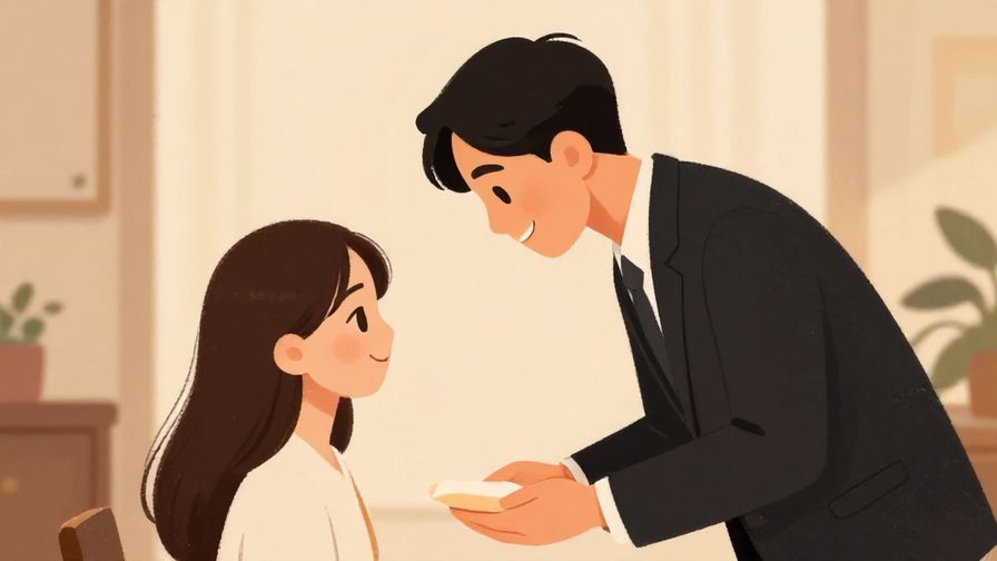 Illustration%20of%20a polite person bowing slightly while holding an item with a gentle smile, formal indoor setting, warm lighting, illustrated style