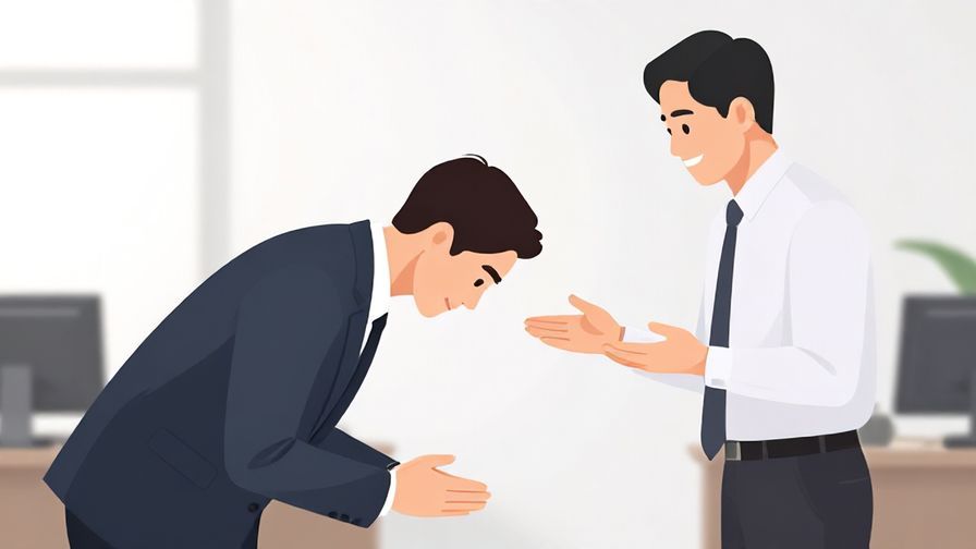 Illustration%20of%20a polite person bowing slightly while smiling encouragingly in a neat office setting
