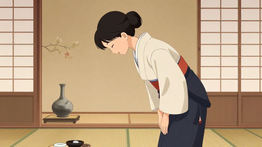 Illustration%20of%20a polite person bowing slightly with a kind smile, elegant indoor room with soft lighting and traditional Japanese decor, illustrated style