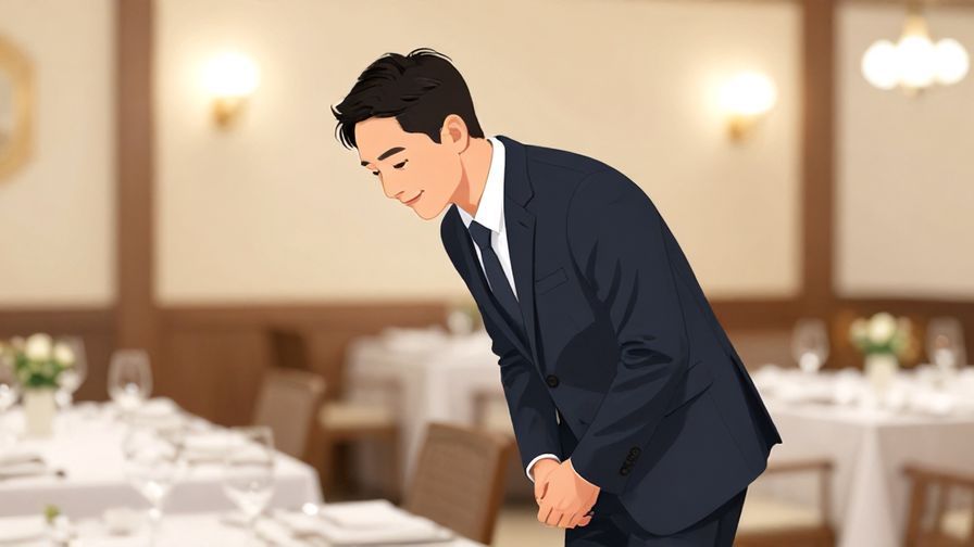 Illustration%20of%20a polite person bowing slightly with a confident smile, refined restaurant interior, soft warm lighting, illustrated style