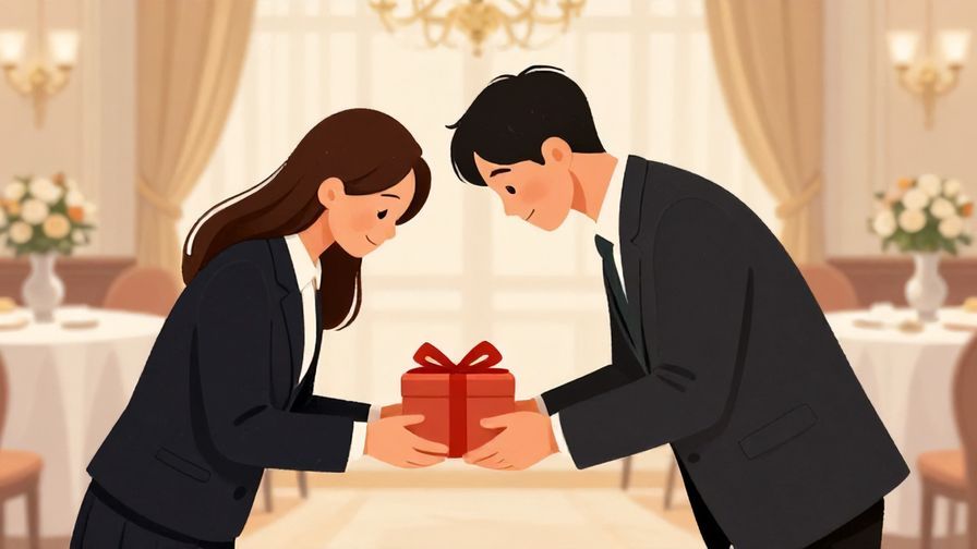 Illustration%20of%20a polite person bowing slightly while offering a gift-wrapped box, formal dining room background, elegant colors, illustrated style