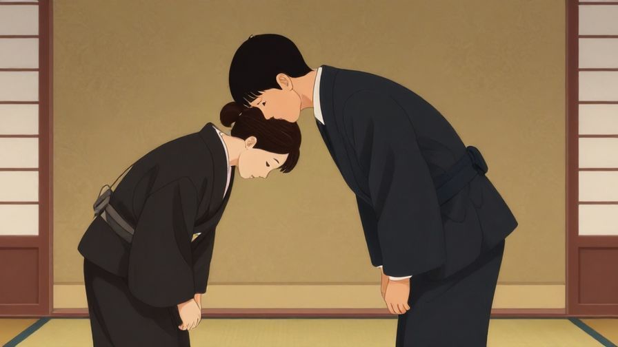 Illustration%20of%20a polite person bowing slightly in a formal setting, soft lighting with traditional Japanese decor