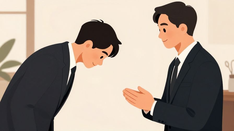 Illustration%20of%20a polite person bowing slightly while speaking with a gentle smile, formal indoor setting