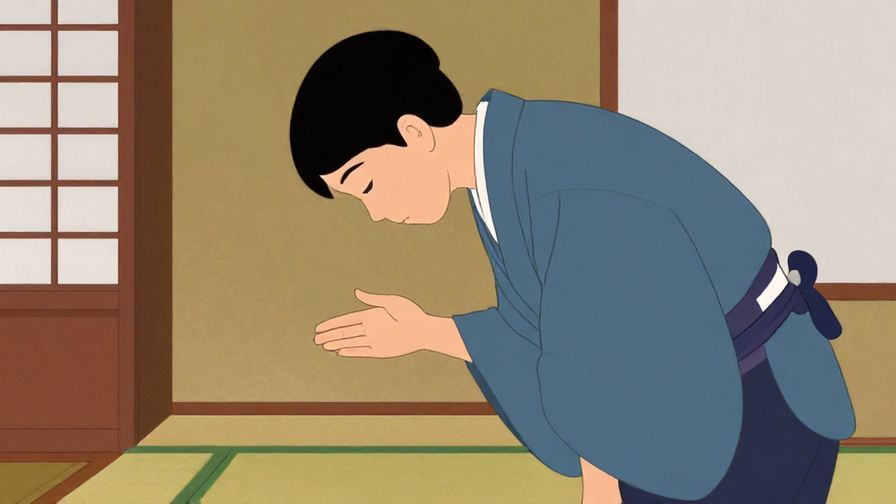 Illustration%20of%20a polite person bowing slightly while gesturing caution, traditional Japanese interior background, soft lighting, vibrant colors, illustrated style