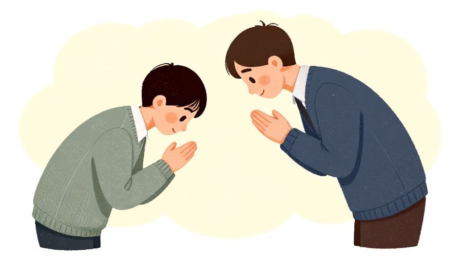 Illustration%20of%20a polite person bowing slightly while asking to play rock paper scissors, soft background, illustrated style