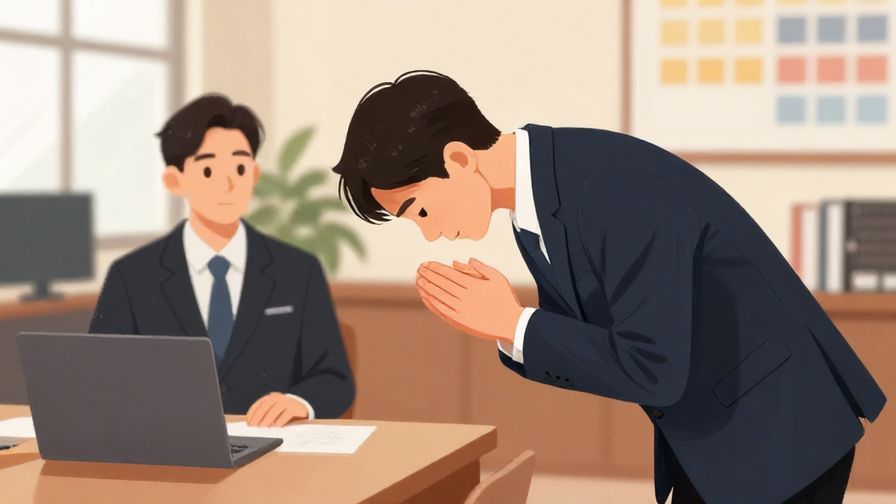 Illustration%20of%20a polite person bowing slightly with hands folded, formal setting like office or meeting room, calm and respectful atmosphere, detailed background, vibrant colors, illustrated style
