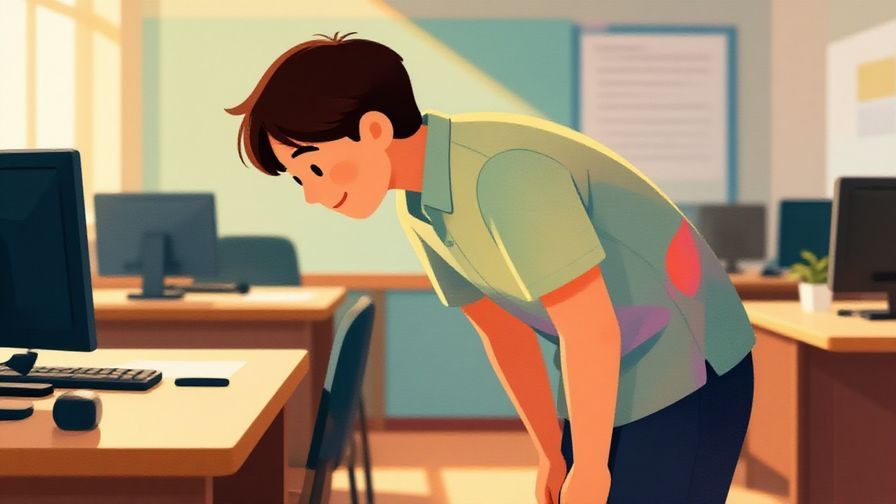 Illustration%20of%20a polite person bowing slightly in a work environment with a gentle smile, warm lighting, vibrant colors, illustrated style