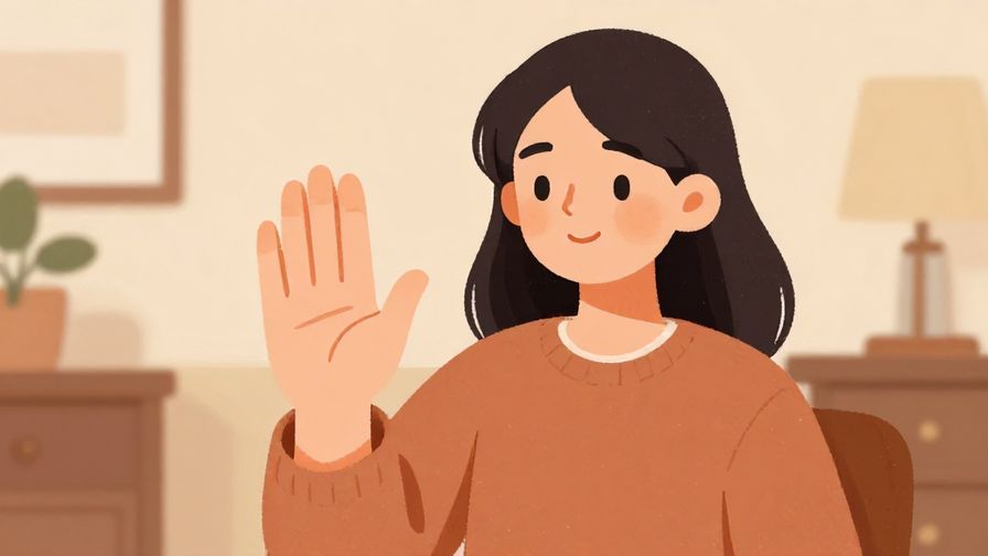Illustration%20of%20a polite person gently raising a hand in a stop gesture, smiling softly in a cozy indoor setting, warm colors, illustrated style
