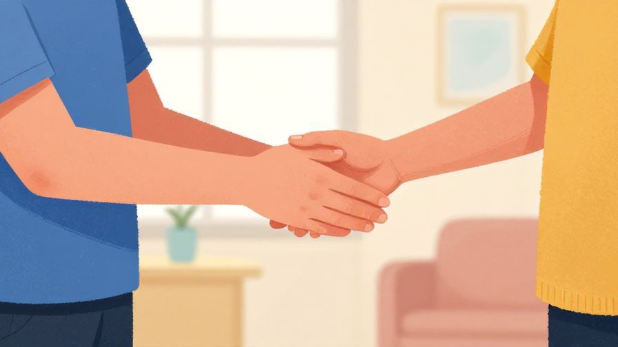 Illustration%20of%20a polite person holding out their hand to assist, indoor setting, soft lighting, vibrant colors, illustrated style