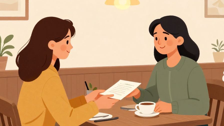 Illustration%20of%20a polite person offering an invitation to another in a cafe or restaurant setting%2C gentle smile%2C warm colors%2C illustrated style