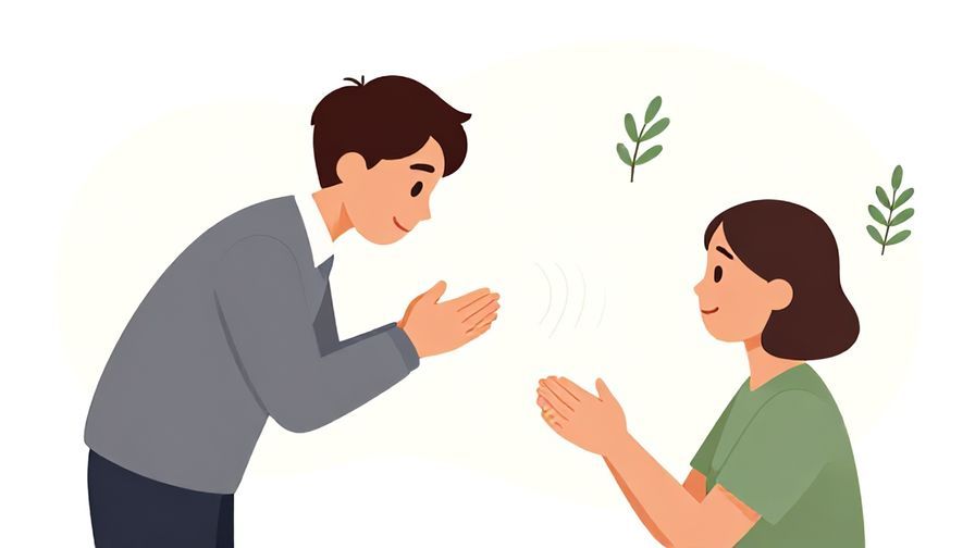 Illustration%20of%20a polite person slightly bowing while making a request, gentle waves and olive branches background, illustrated style