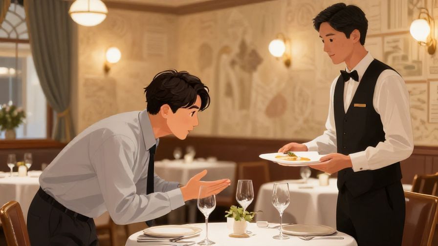 Illustration%20of%20a polite person slightly bowing while speaking to a waiter in a refined restaurant setting, warm lighting, detailed interior, illustrated style
