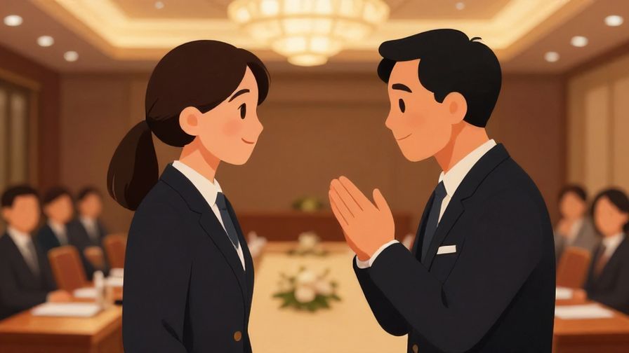 Illustration%20of%20a polite person smiling and nodding respectfully in a formal setting, detailed background of a conference room, warm lighting