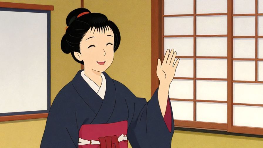 Illustration%20of%20a polite person smiling gently and waving off thanks, traditional Japanese room background, vibrant colors, illustrated style