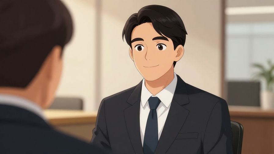 Illustration%20of%20a polite person smiling gently in a formal setting, soft lighting, warm colors, office background