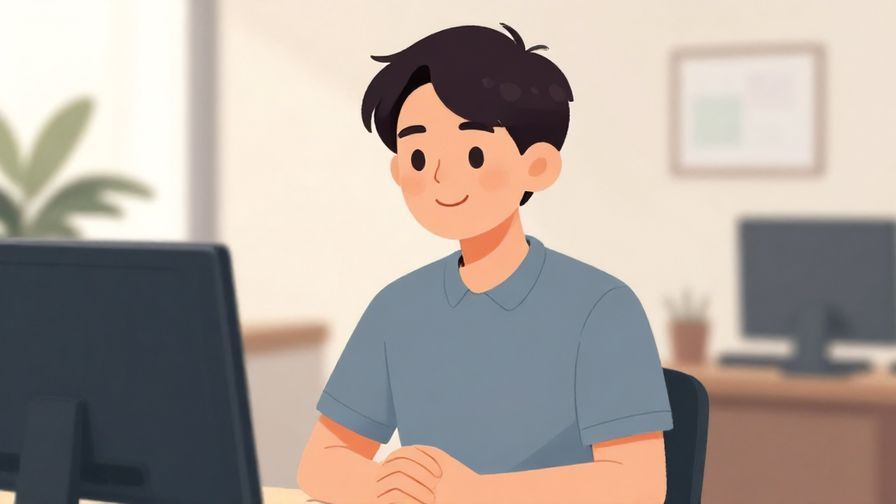 Illustration%20of%20a polite person smiling gently with hands folded in front, soft office background, illustrated style