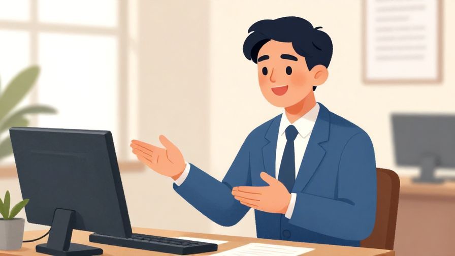 Illustration%20of%20a polite person smiling reassuringly with hands open in a formal office environment, soft lighting, vibrant colors, illustrated style