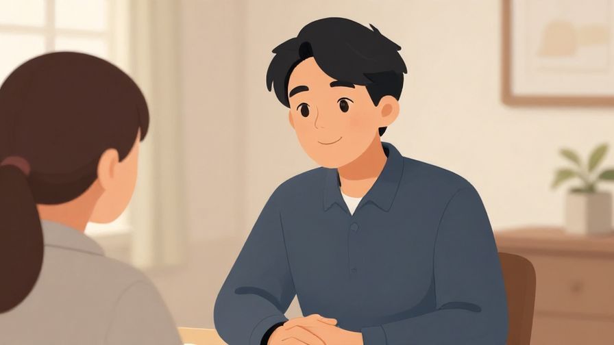 Illustration%20of%20a polite person smiling reassuringly%20while%20speaking%20in%20a%20calm%20room%2C%20illustrated%20style