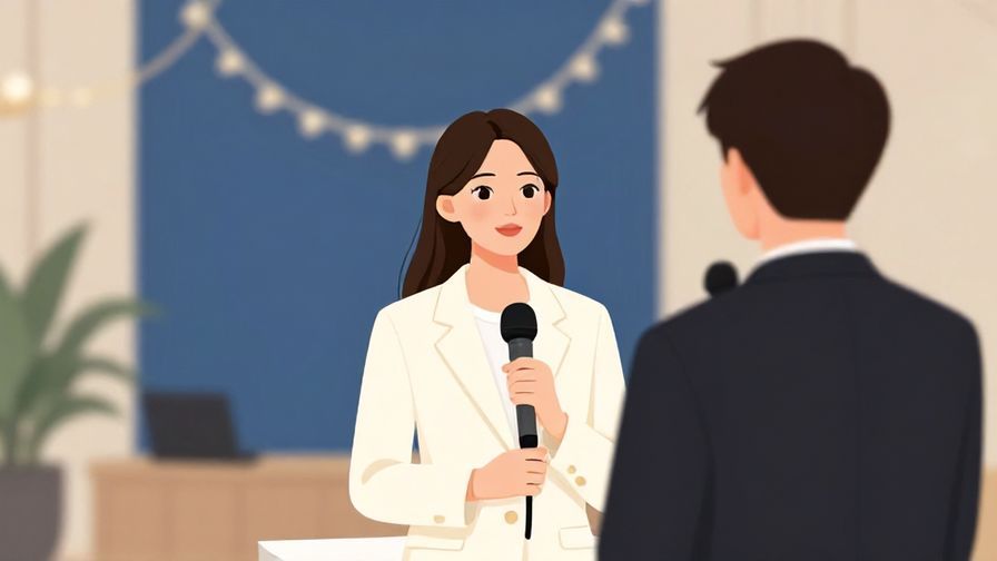 Illustration%20of%20a polite person standing in front of a microphone at a conference, elegant background