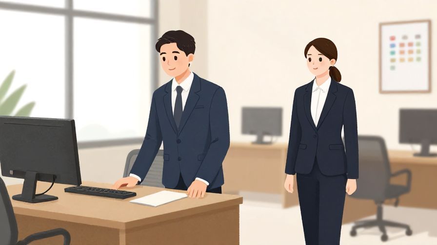 Illustration%20of%20a polite person stepping away from desk with a gentle smile, waiting for permission to take a break, indoor office setting, illustrated style