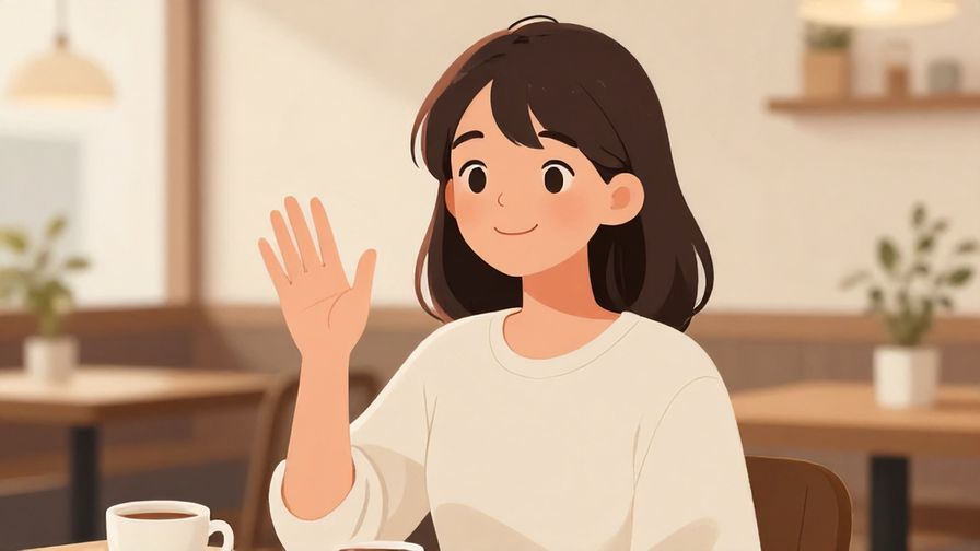 Illustration%20of%20a polite person waving goodbye with a gentle smile in a cafe setting, soft lighting, warm colors, illustrated style