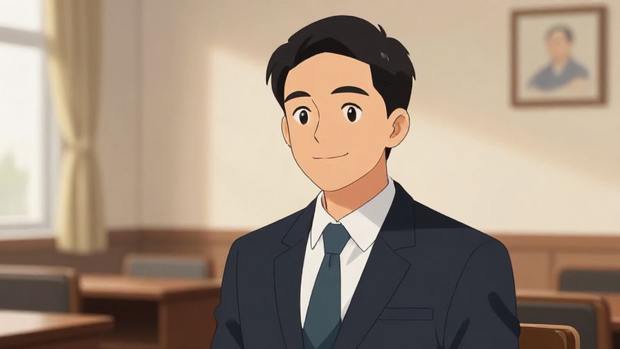 Illustration%20of%20a polite person with a gentle smile and a neutral expression in a formal room, soft lighting