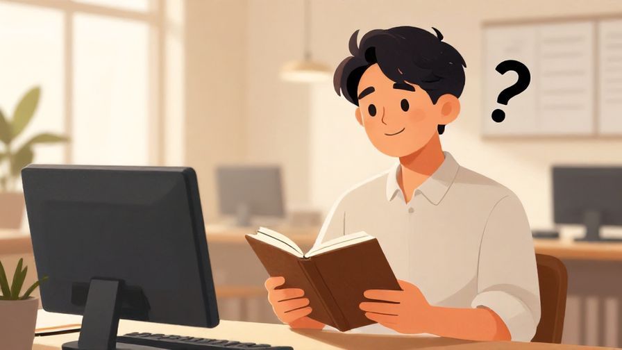 Illustration%20of%20a polite person with a questioning smile, holding a notebook in an office, warm indoor lighting, illustrated style