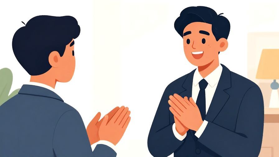 Illustration%20of%20a polite person%20smiling%20and%20asking%20a%20question%20with%20hands%20folded%20in%20front%2C%20formal%20setting%2C%20vibrant%20colors%2C%20illustrated%20style