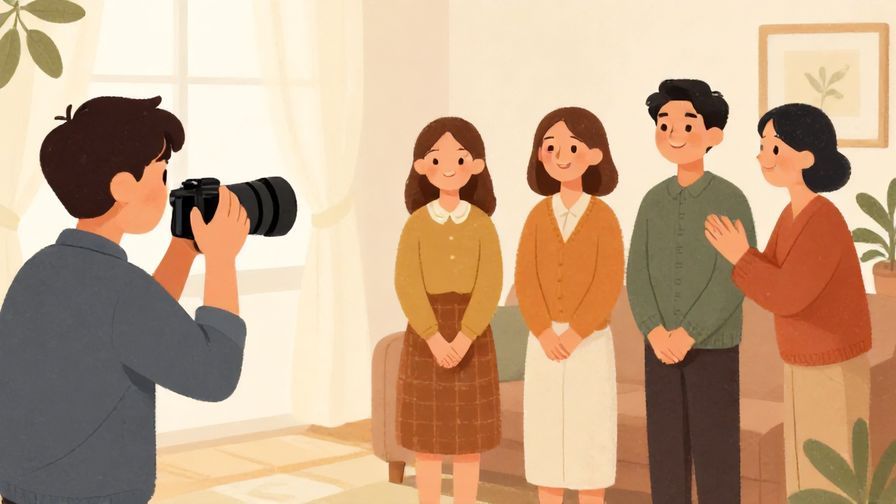 Illustration%20of%20a polite photo session with a photographer smiling and guests responding with warm smiles