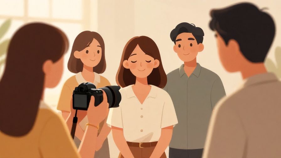 Illustration%20of%20a polite photographer gently asking a group to smile, with a calm, soft lighting and respectful expressions
