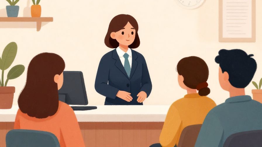 Illustration%20of%20a polite receptionist gently asking visitors if they are ready to proceed%2C%20soft%20interior%20lighting%2C%20vibrant%20colors%2C%20illustrated%20style