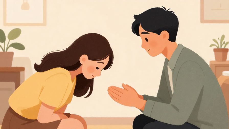 Illustration%20of%20a polite request scene, one person bowing slightly while speaking calmly, warm indoor setting