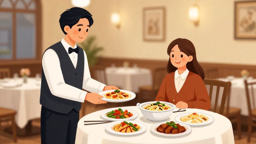 Illustration%20of%20a polite server offering a variety of dishes with a gentle smile%2C elegant dining room%2C warm lighting%2C illustrated style