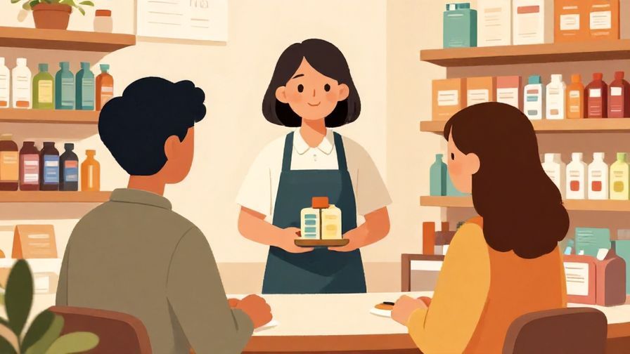 Illustration%20of%20a polite shop assistant showing a selection of products to a customer%2C bright store interior%2C warm colors%2C illustrated style