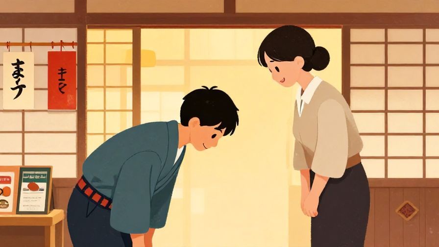Illustration%20of%20a polite shop clerk bowing with a respectful smile in a traditional Japanese store, warm lighting, vibrant colors, illustrated style
