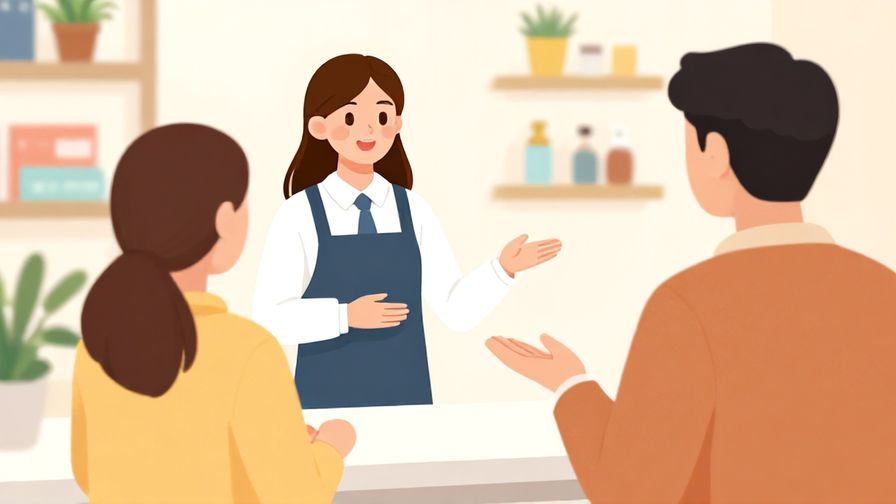 Illustration%20of%20a polite shop clerk gesturing to a customer to come forward in a neat store, bright and clean colors