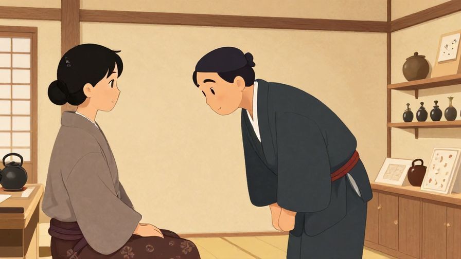 Illustration%20of%20a polite shopkeeper bowing to a customer, traditional Japanese shop interior, warm and inviting atmosphere, illustrated style