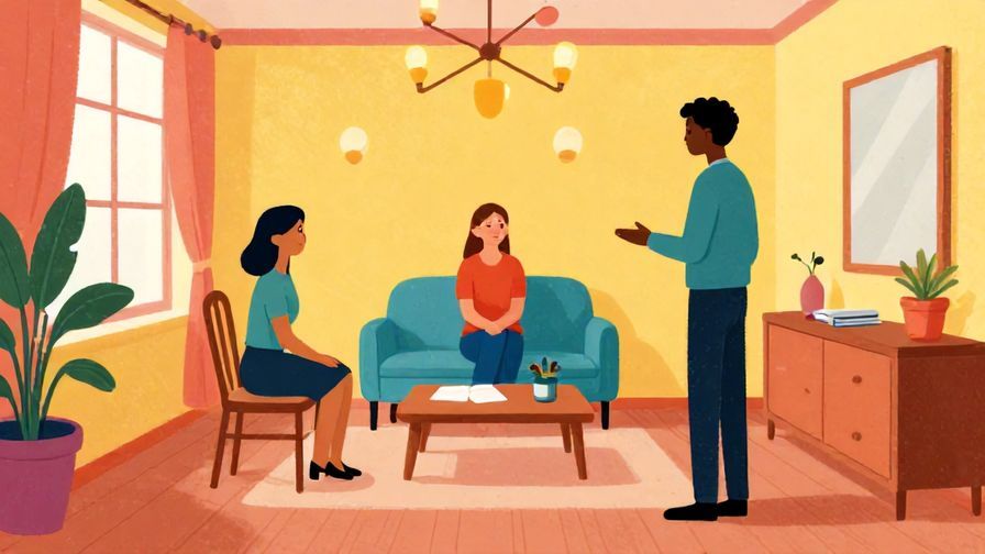 Illustration%20of%20a polite speaker wrapping up a topic and gently leading to another, elegant room, vibrant colors, illustrated style