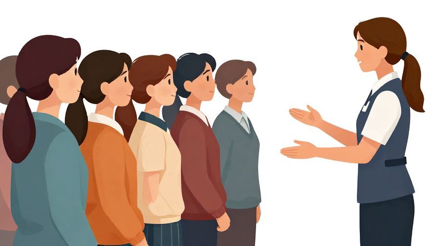 Illustration%20of%20a polite staff member addressing a line of people, gesturing forward gently, clear and respectful scene
