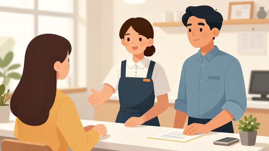 Illustration%20of%20a polite staff member inviting the next customer forward in a bright service center, welcoming expression