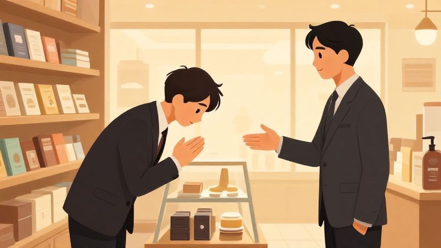 Illustration%20of%20a polite store clerk bowing slightly while gesturing to a display of items%2C formal interior%2C warm lighting%2C illustrated style