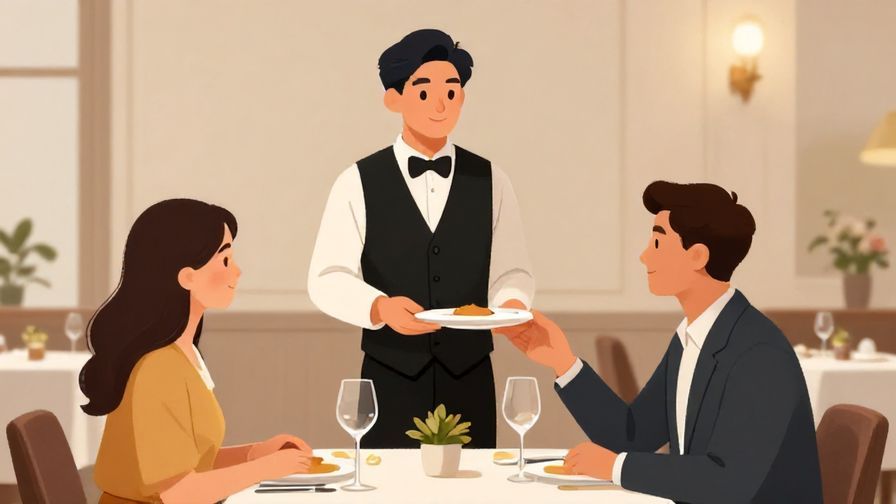 Illustration%20of%20a polite waiter gently waiting for a customer to choose%2C elegant restaurant setting%2C soft warm lighting%2C illustrated style