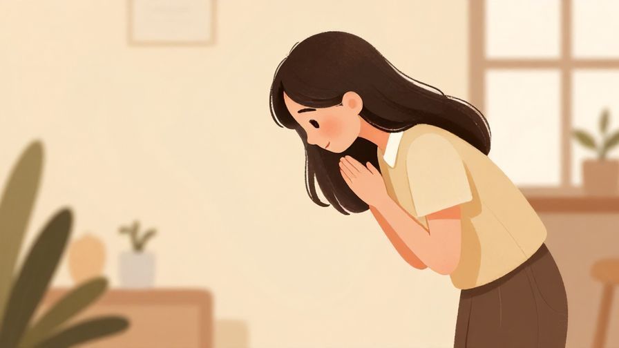 Illustration%20of%20a polite young woman bowing slightly while asking for help%2C warm indoor setting%2C gentle colors%2C illustrated style